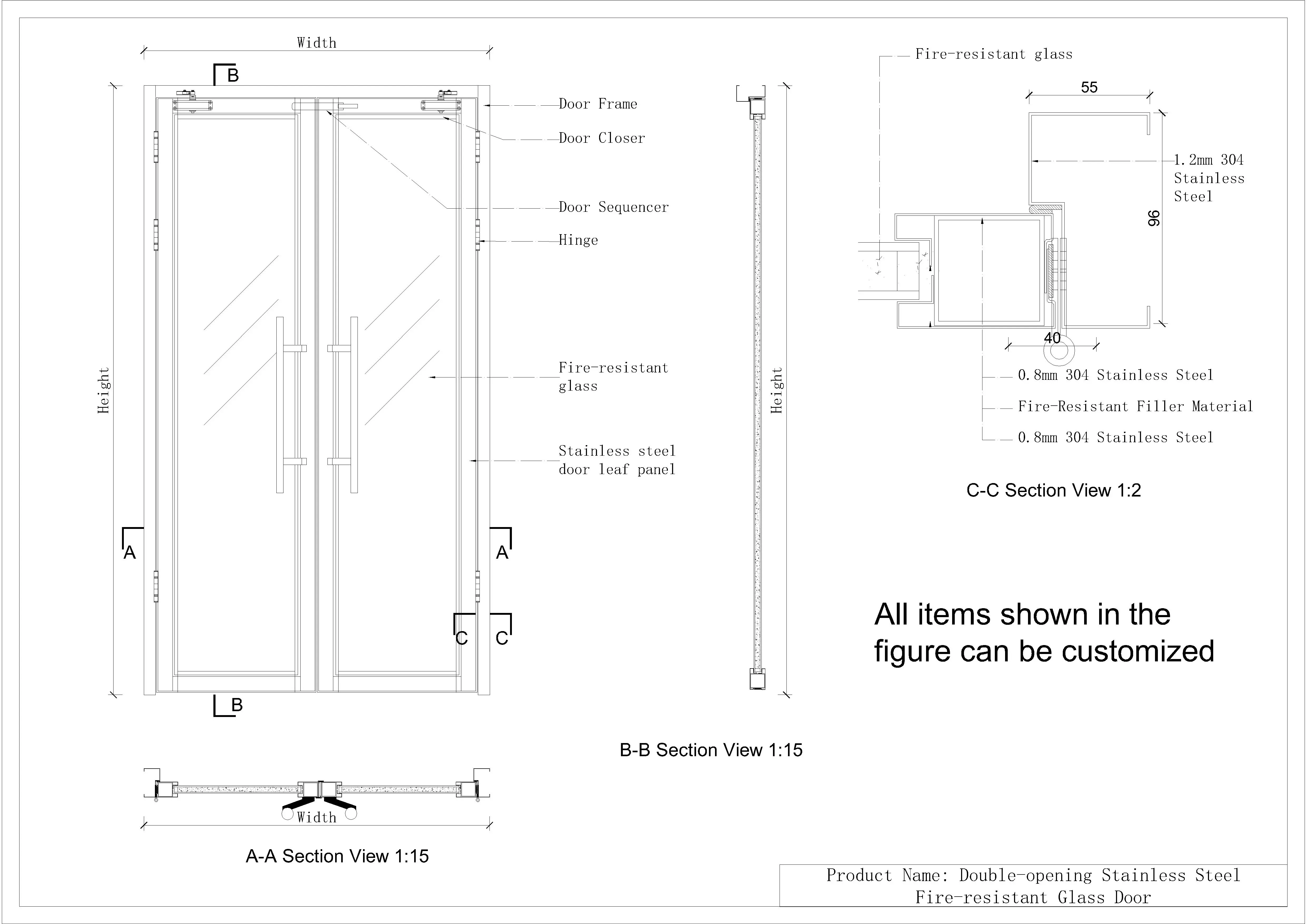 Detail Drawing of Double-Leaf Steel Fire Door with Vision Window
