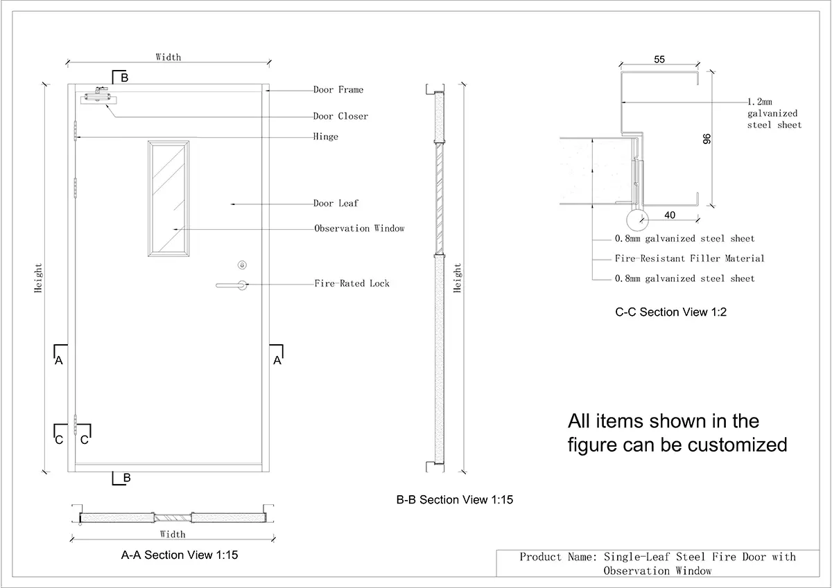 Detail Drawing of Single-Leaf Steel Fire Door with Vision Window